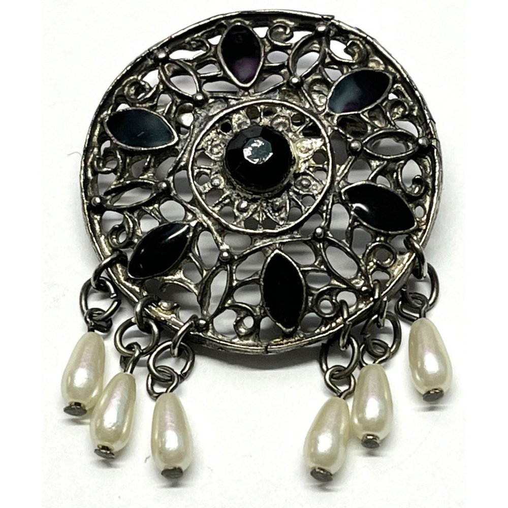 Vintage filigree black stone pearl brooch pin